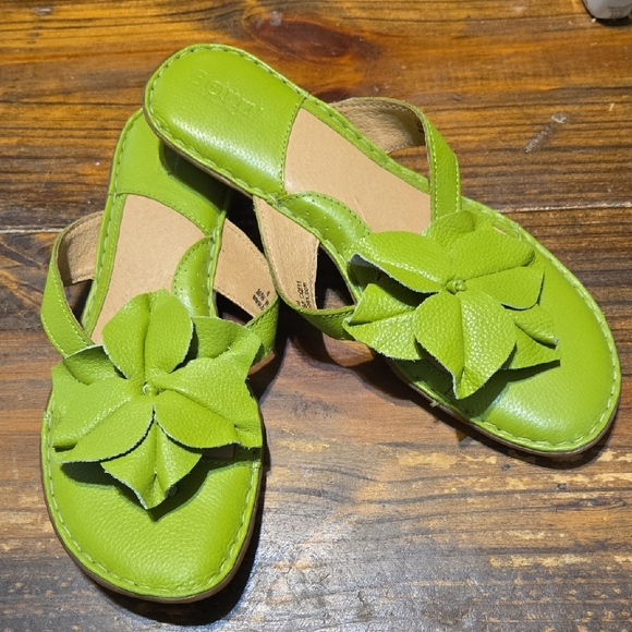 Born Shoes - Born Green Leather Thong Sandals with Floral Design Size 8